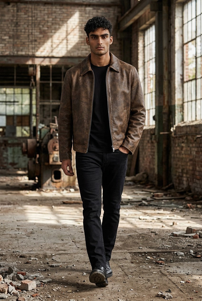 Scarlett Stitch men's brown distressed leather bomber jacket worn by a model in an industrial setting.