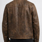 Scarlett Stitch men's vintage brown distressed leather jacket, back view showing structured collar and clean seams.