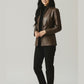 Scarlett Stitch brown faux leather collarless blazer jacket with button front and mandarin collar, worn by a woman.