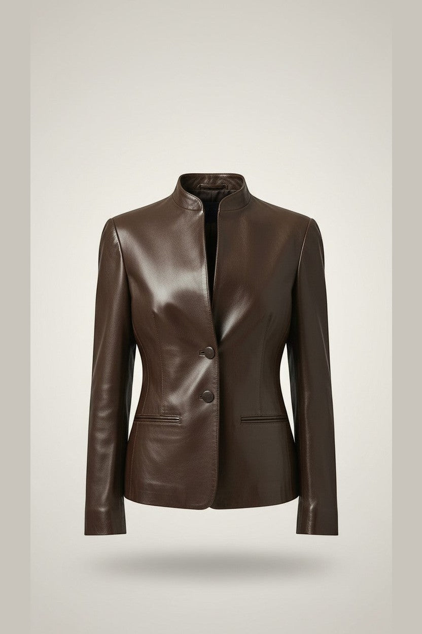 Scarlett Stitch brown faux leather collarless blazer jacket with button front and mandarin collar.