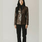 Scarlett Stitch brown faux leather collarless blazer jacket with button front and mandarin collar.