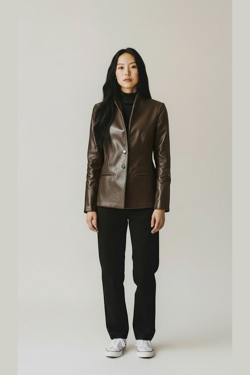 Scarlett Stitch brown faux leather collarless blazer jacket with button front and mandarin collar.