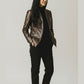 Scarlett Stitch brown faux leather collarless blazer jacket with button front closure and mandarin collar.