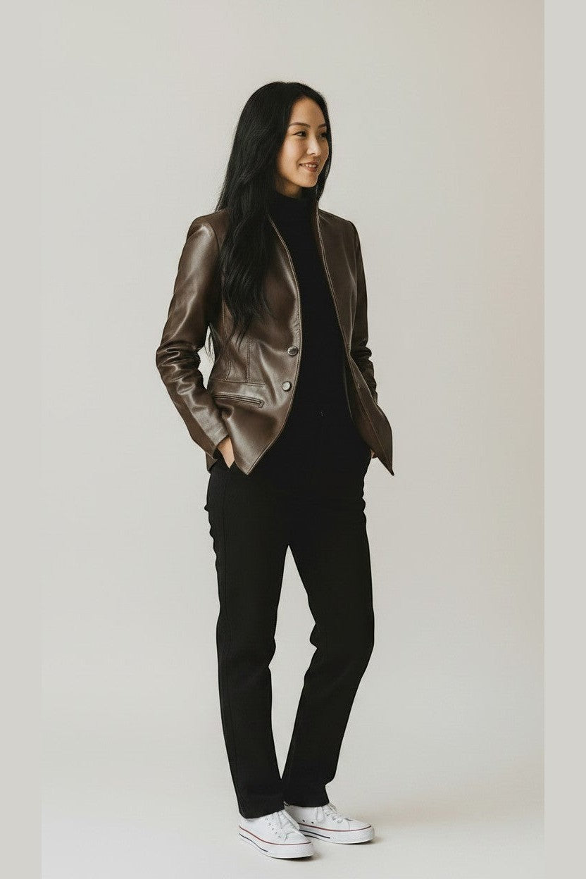 Scarlett Stitch brown faux leather collarless blazer jacket with button front closure and mandarin collar.