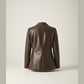 Scarlett Stitch brown faux leather blazer jacket with mandarin collar and button front. Tailored fit.