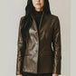 Scarlett Stitch brown faux leather collarless blazer jacket with button front and mandarin collar.