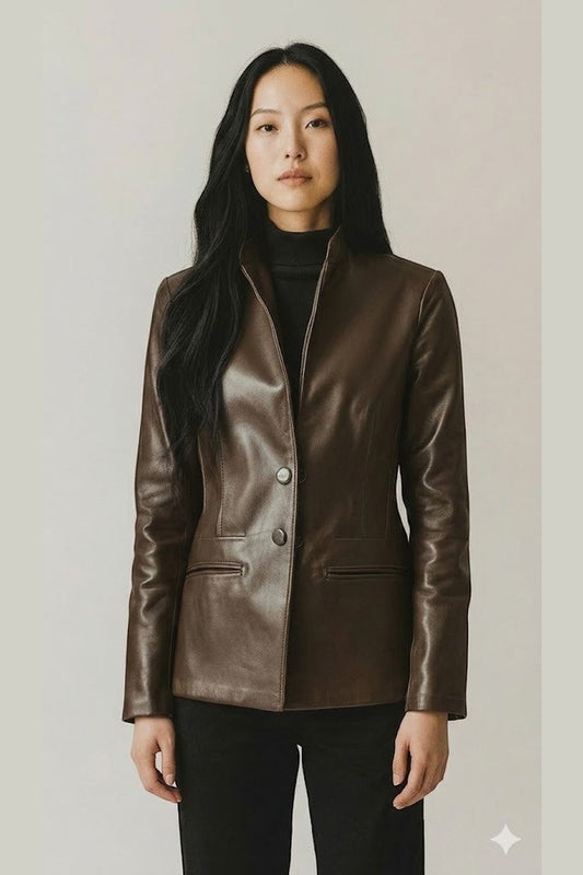 Scarlett Stitch brown faux leather collarless blazer jacket with button front and mandarin collar.