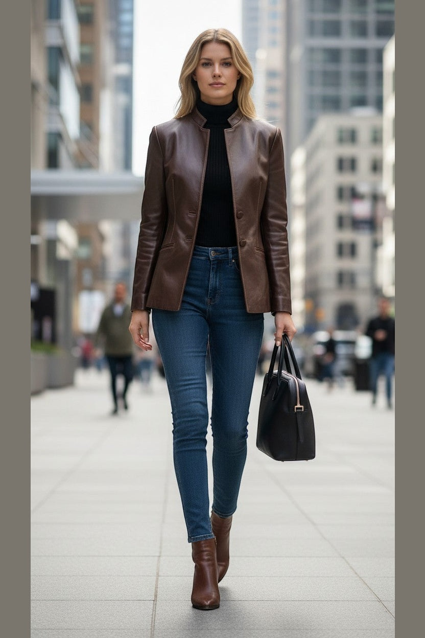 Scarlett Stitch brown faux leather collarless blazer jacket with button front, worn by a woman with blonde hair and blue jeans.