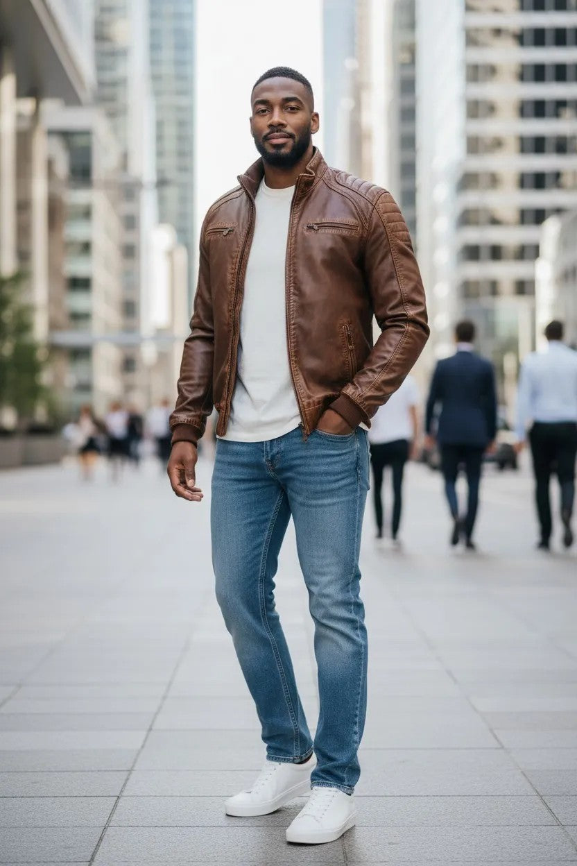 Scarlett Stitch Men's brown faux leather bomber jacket with stand-up collar, zip front, and quilted shoulders.
