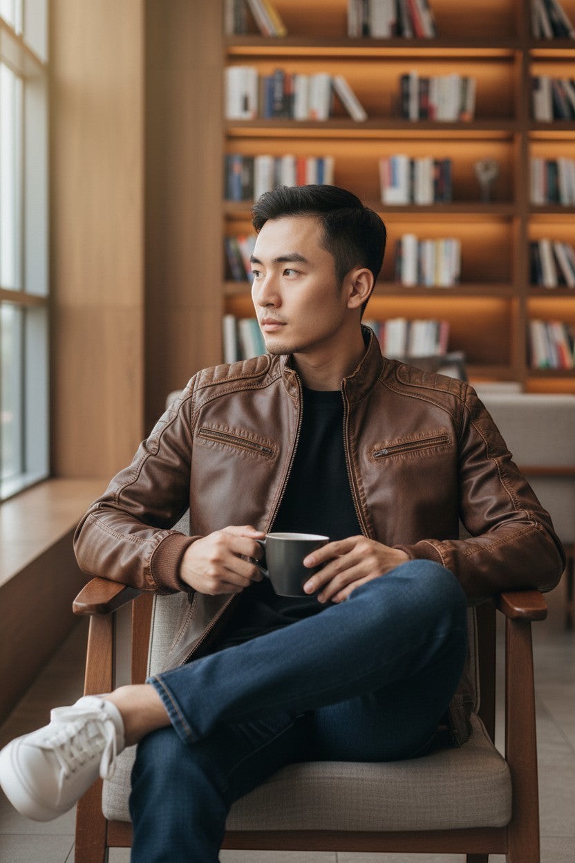 Scarlett Stitch brown faux leather bomber jacket with stand collar, zippered front, and ribbed cuffs. Model wears it with jeans and a t-shirt.