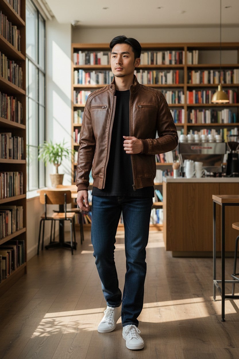 Scarlett Stitch brown faux leather bomber jacket with stand collar, zippered front, and ribbed cuffs. Model wears jeans and t-shirt.