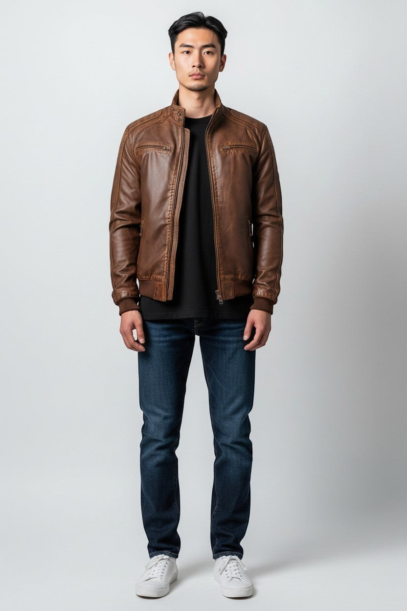 Scarlett Stitch brown faux leather bomber jacket with stand collar, zippered front, and ribbed cuffs. Model wears jeans and t-shirt.