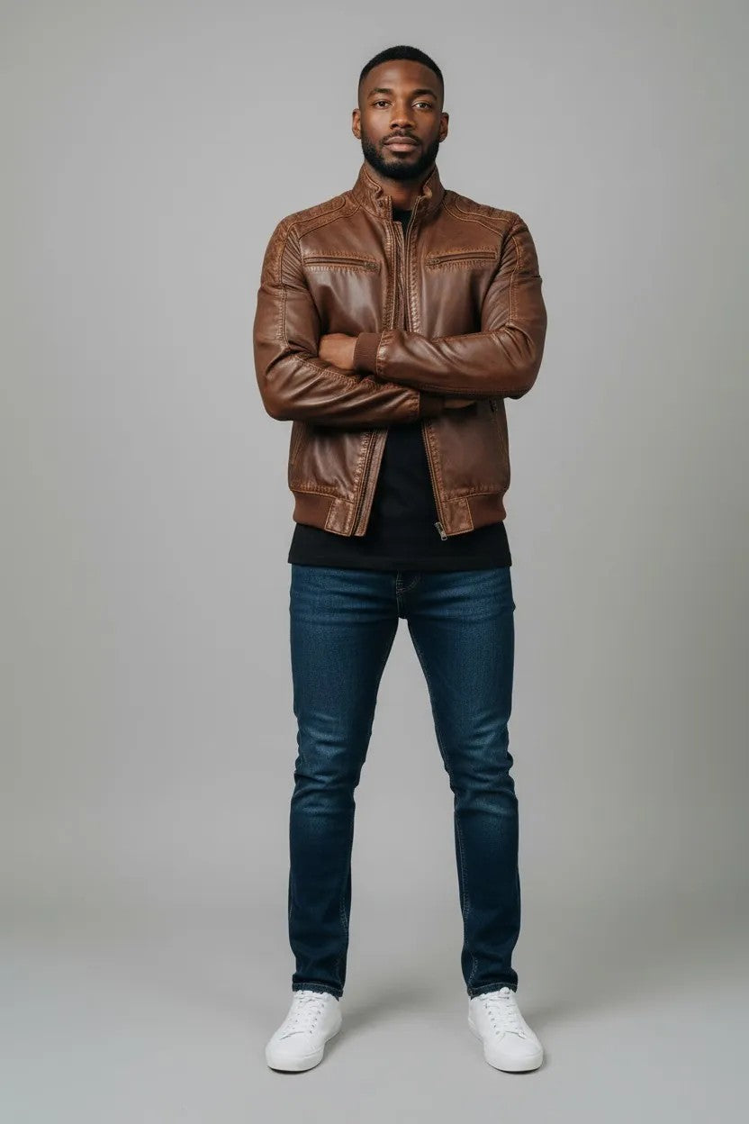 Scarlett Stitch men's brown faux leather bomber jacket with stand-up collar, zip front, and quilted shoulder panels.