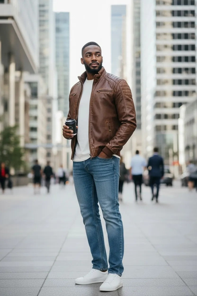 Scarlett Stitch men's brown faux leather bomber jacket with quilted shoulders and zip pockets. Model is wearing jeans and a white t-shirt.