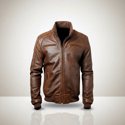 Scarlett Stitch brown faux leather bomber jacket with stand collar, zippered front, and ribbed cuffs.
