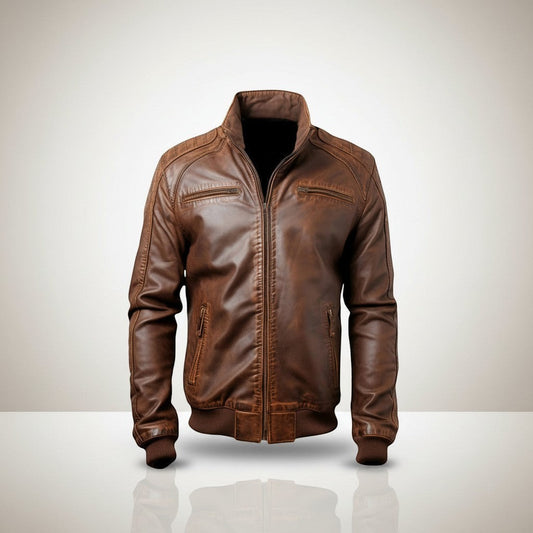 Scarlett Stitch brown faux leather bomber jacket with stand collar, zippered front, and ribbed cuffs.