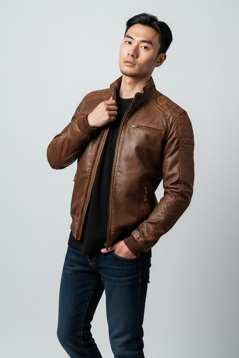 Scarlett Stitch brown faux leather bomber jacket with stand collar, zippered front, and ribbed cuffs. Detailed stitching and zippered pockets.