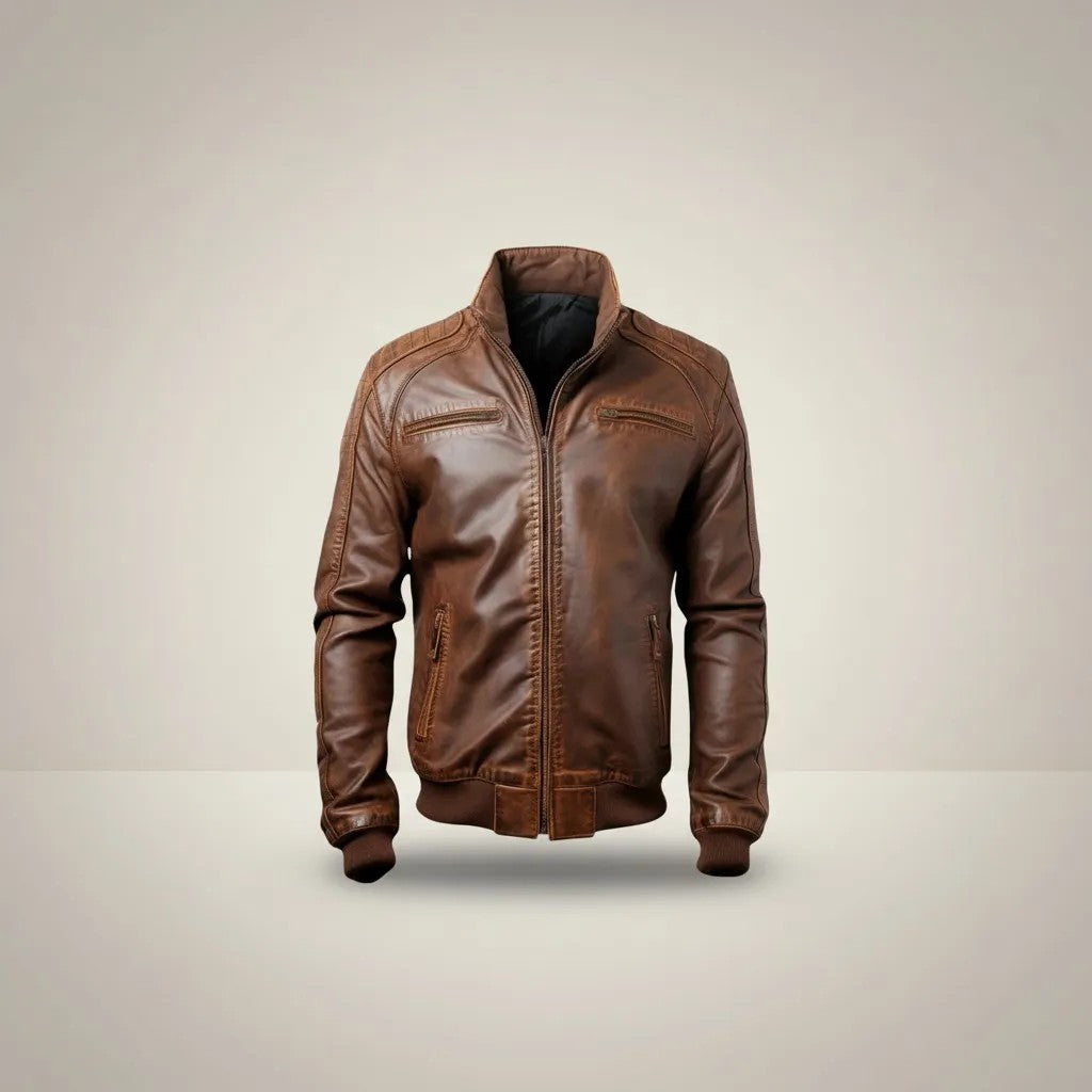 Scarlett Stitch men's brown faux leather bomber jacket with stand-up collar, zip front, and quilted shoulder panels.