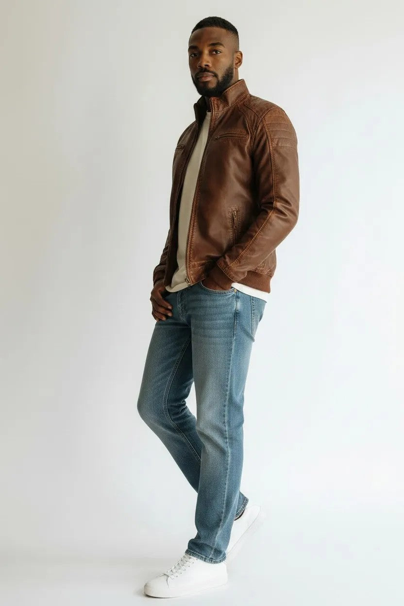Scarlett Stitch Men's brown faux leather bomber jacket with stand-up collar, zip front, and quilted shoulder panels.