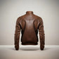 Scarlett Stitch Men's brown faux leather bomber jacket with stand-up collar, quilted shoulders, and ribbed cuffs/hem.