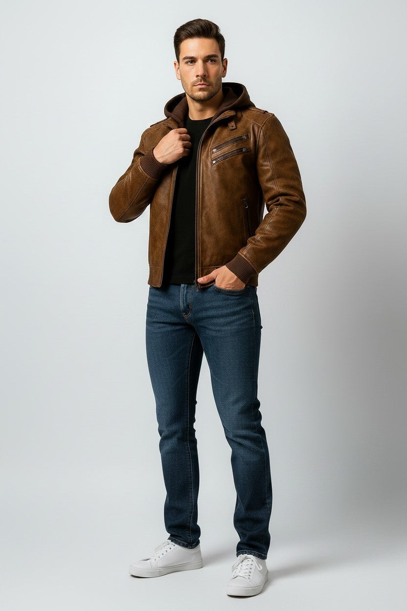 Scarlett Stitch Men's distressed brown faux leather hooded bomber jacket with ribbed cuffs and zip pockets.