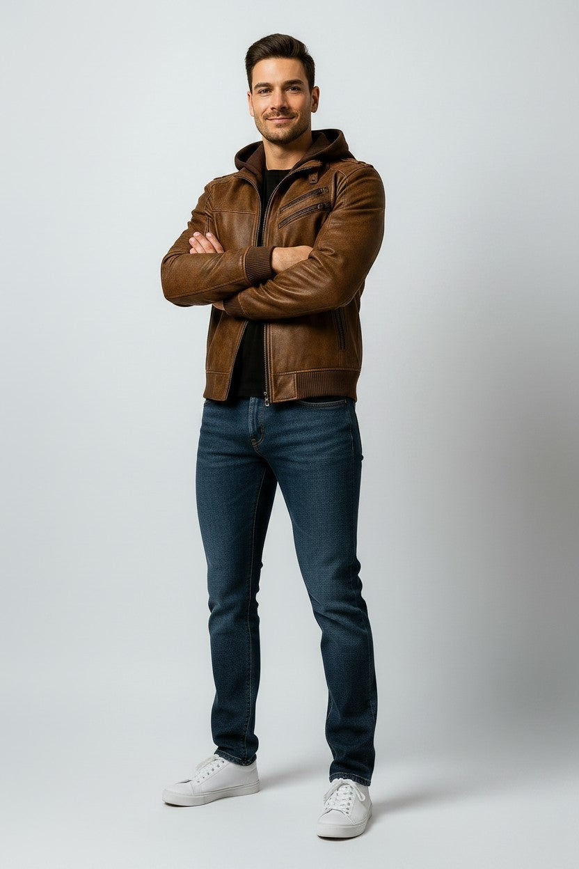 Scarlett Stitch Men's distressed brown faux leather bomber jacket with attached hood, ribbed cuffs, and zip pockets.