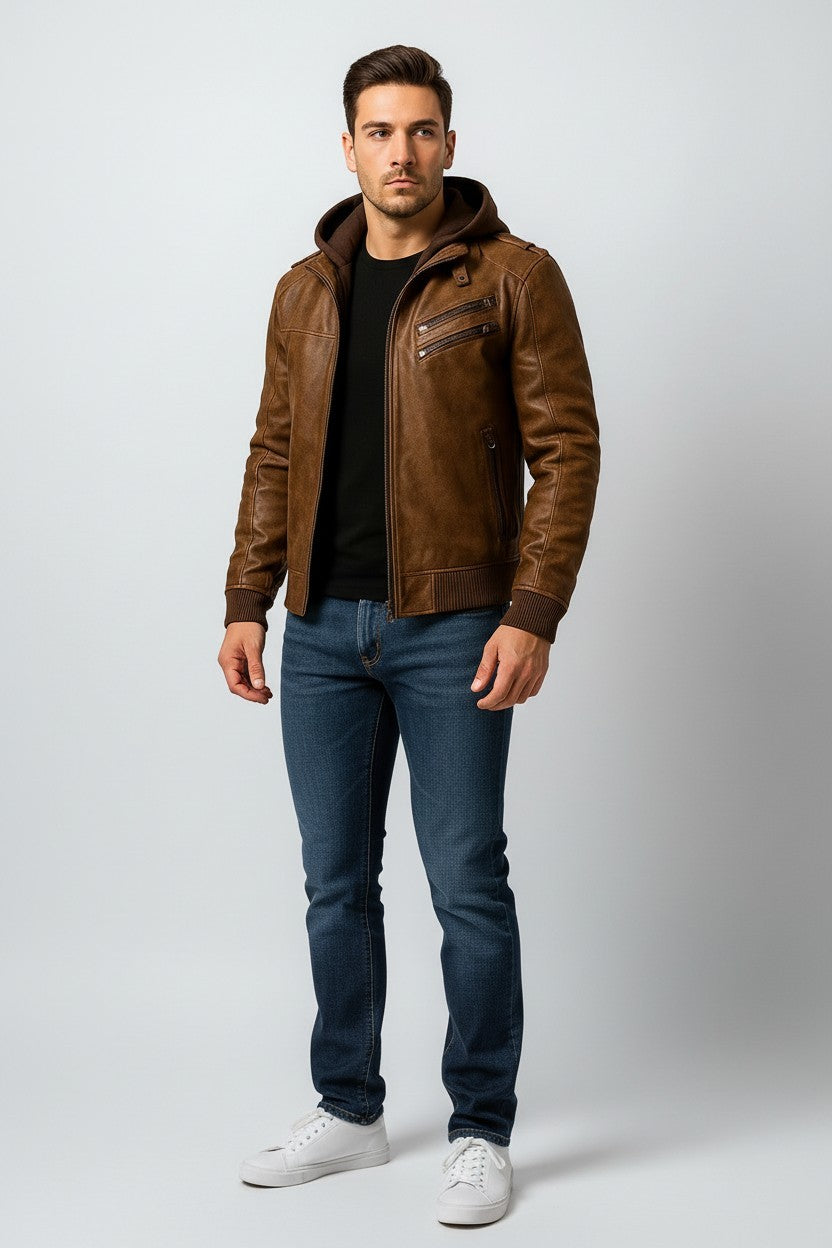 Scarlett Stitch Men's distressed brown faux leather bomber jacket with attached hood, ribbed cuffs, and zip pockets.