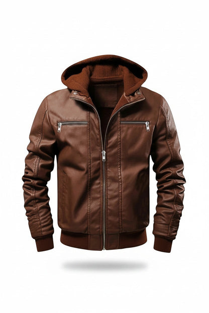 Scarlett Stitch men's brown faux leather hooded jacket with ribbed cuffs, hem, and silver-tone zippered chest pockets.