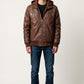 Scarlett Stitch men's brown faux leather hooded jacket with ribbed cuffs and silver zippers worn with blue jeans