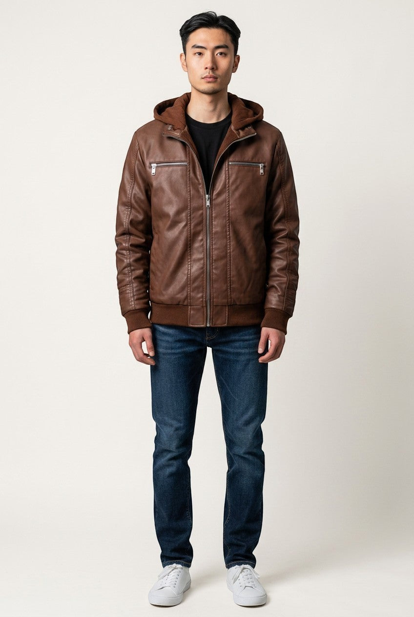 Scarlett Stitch men's brown faux leather hooded jacket with ribbed cuffs and silver zippers worn with blue jeans