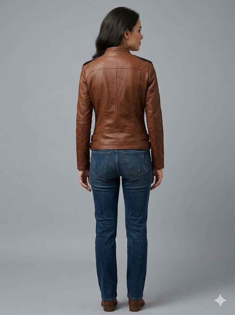 Scarlett Stitch brown faux leather moto jacket with zipper details, stand-up collar, and zippered cuffs.