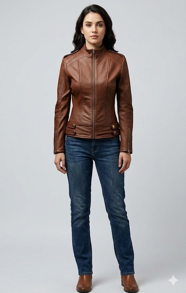 Scarlett Stitch brown faux leather moto jacket with zipper details, stand-up collar, and snap buttons.