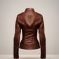 Scarlett Stitch brown faux leather moto jacket with zipper details and snap-button collar.