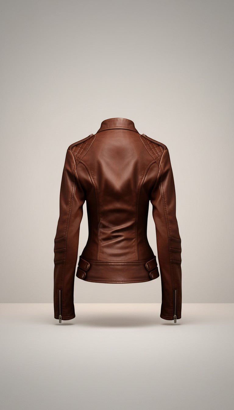 Scarlett Stitch brown faux leather moto jacket with zipper details and snap-button collar.