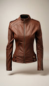 Scarlett Stitch brown faux leather moto jacket with zipper details, stand-up collar, and snap-button closure.