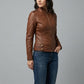 Scarlett Stitch brown faux leather moto jacket with zipper details, stand-up collar, and snap buttons.