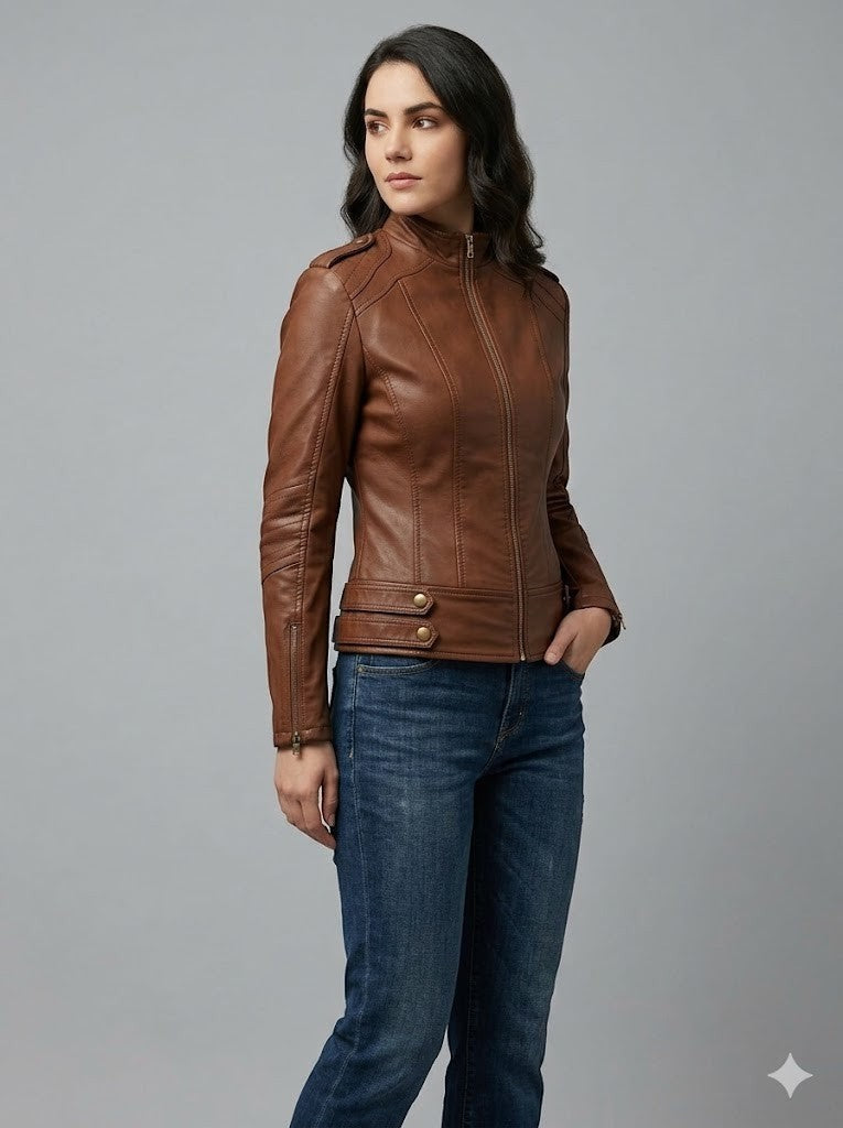 Scarlett Stitch brown faux leather moto jacket with zipper details, stand-up collar, and snap buttons.