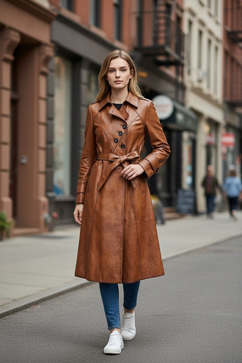 Scarlett Stitch brown faux leather belted trench coat with notched lapel and dark buttons. Model wears jeans and sneakers.