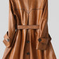 Scarlett Stitch warm brown faux leather belted trench coat with dark buttons and notched lapel.