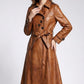 Scarlett Stitch brown faux leather belted trench coat with double-breasted front and notched lapel.