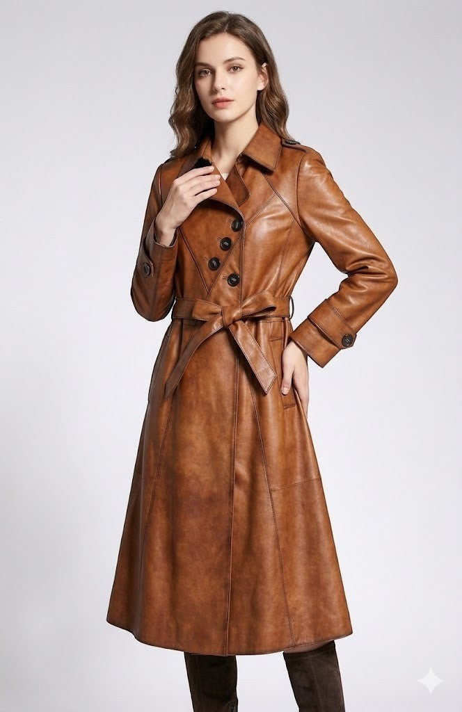 Scarlett Stitch brown faux leather belted trench coat with double-breasted front and notched lapel.