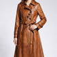 Scarlett Stitch brown faux leather belted trench coat with double-breasted front and notched lapel.