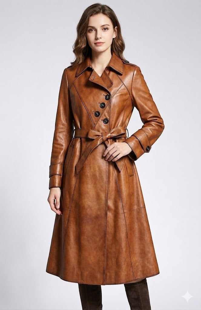 Scarlett Stitch brown faux leather belted trench coat with double-breasted front and notched lapel.