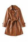 Scarlett Stitch brown faux leather belted trench coat with dark buttons and notched lapel.