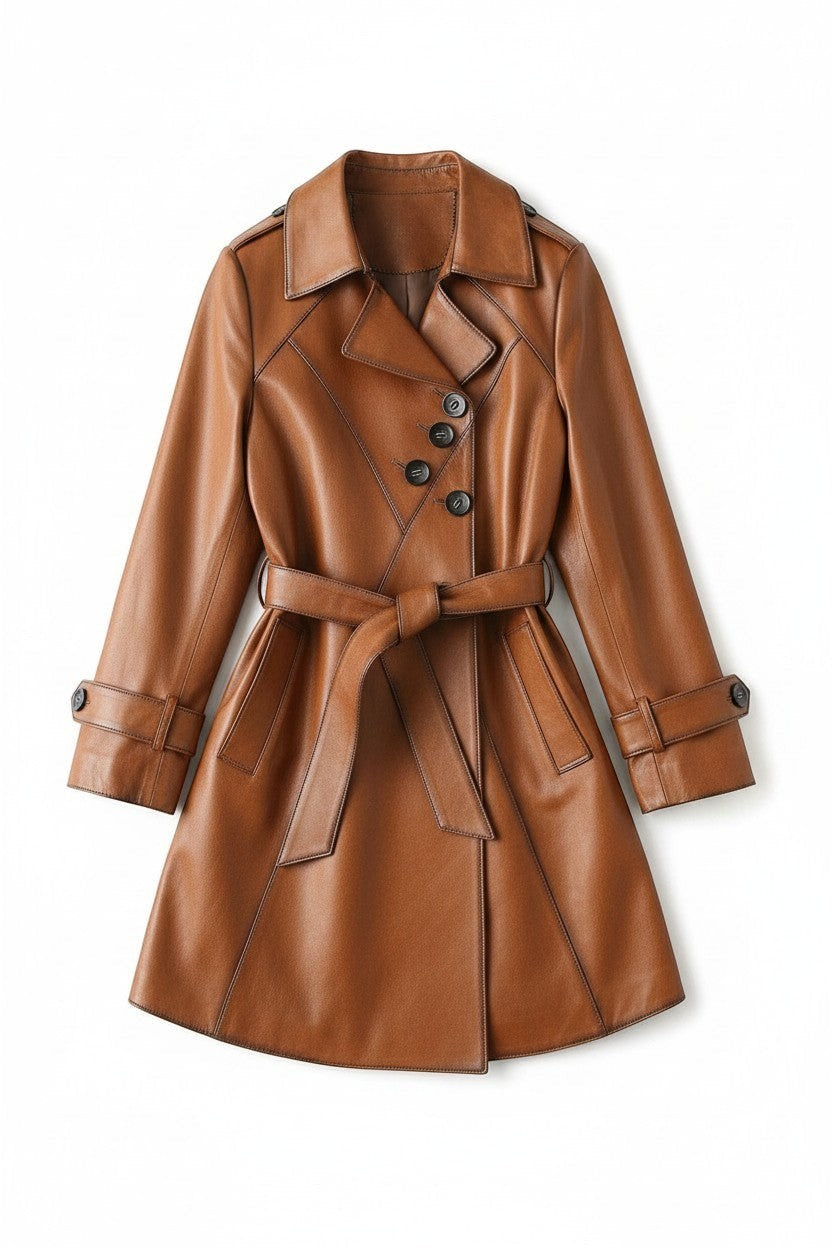 Scarlett Stitch brown faux leather belted trench coat with dark buttons and notched lapel.