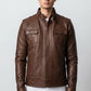 Man wearing a brown Scarlett Stitch faux leather utility jacket with a stand-up collar and chest flap pockets.