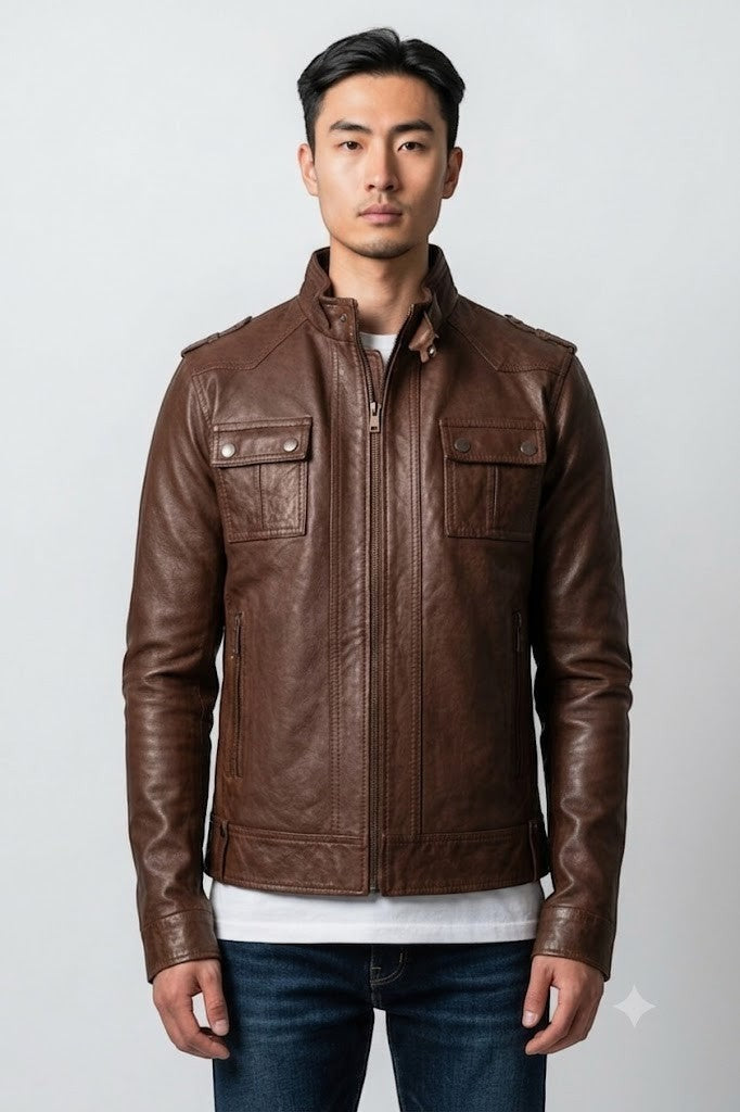Man wearing a brown Scarlett Stitch faux leather utility jacket with a stand-up collar and chest flap pockets.
