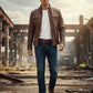 Man wearing a brown Scarlett Stitch faux leather utility jacket with chest pockets in an urban industrial setting.