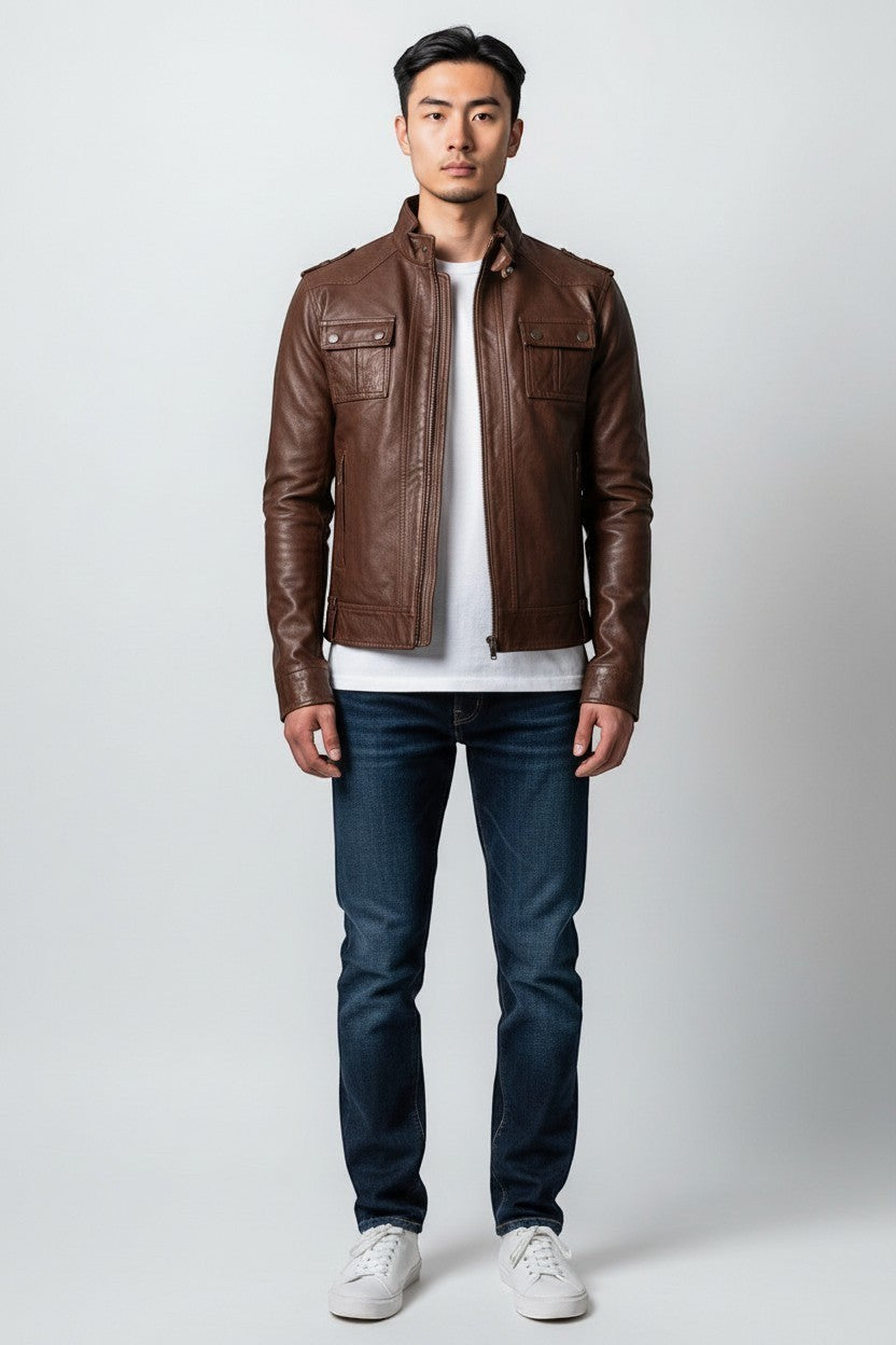 Man wearing a brown Scarlett Stitch faux leather utility jacket with chest pockets and a stand-up collar.