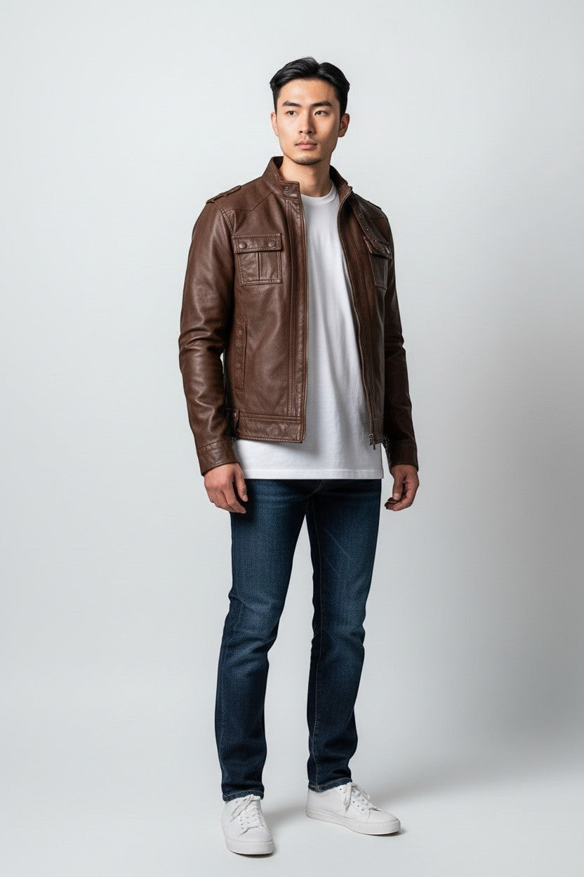 Man wearing a brown Scarlett Stitch faux leather utility jacket with snap pockets and stand-up collar over a white tee.